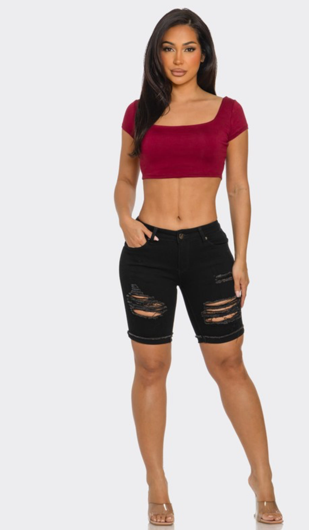 Black ripped denim shorts